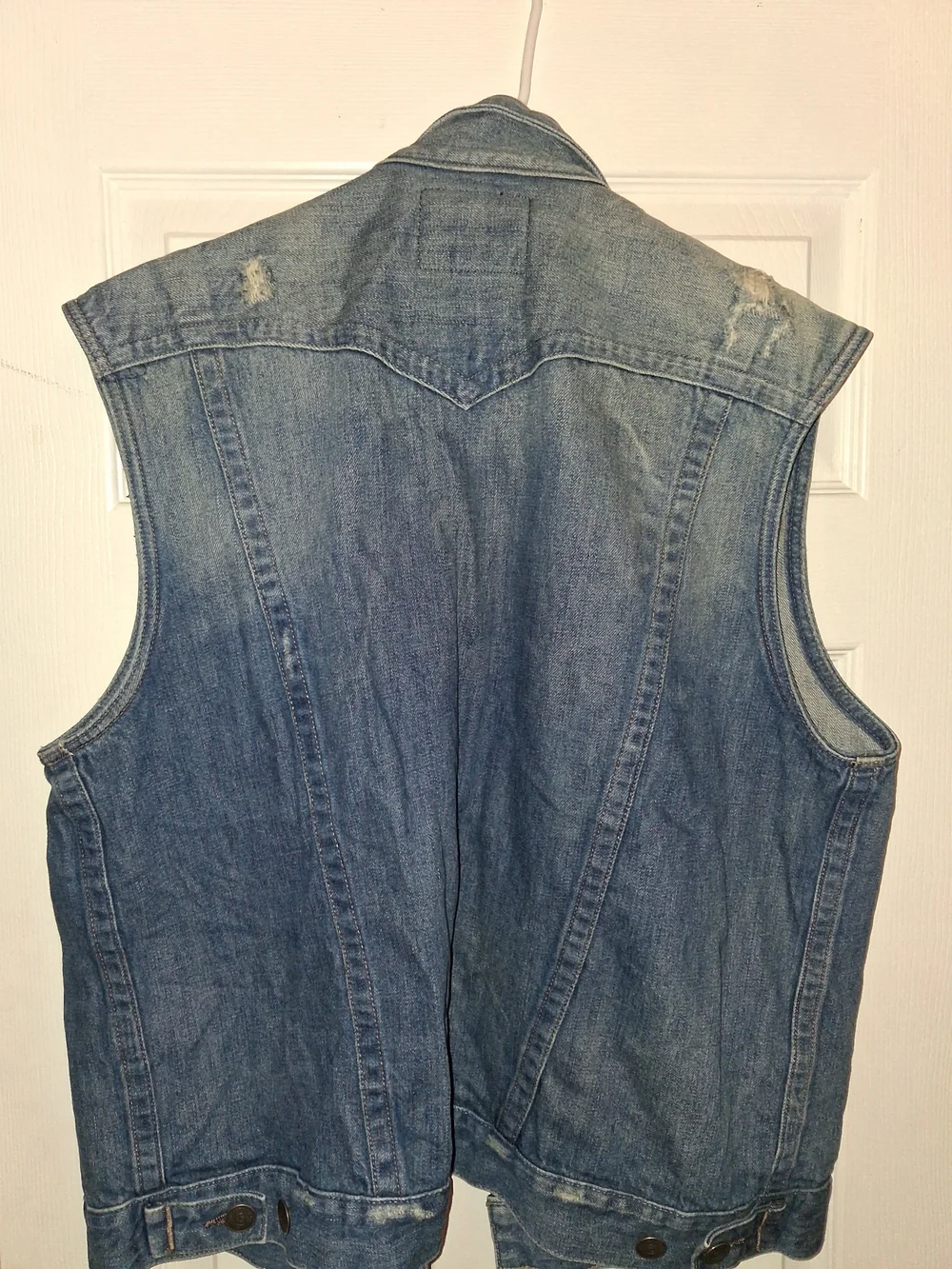 True Religion Men's Faded Blue Denim Vest with Distressed Detail
